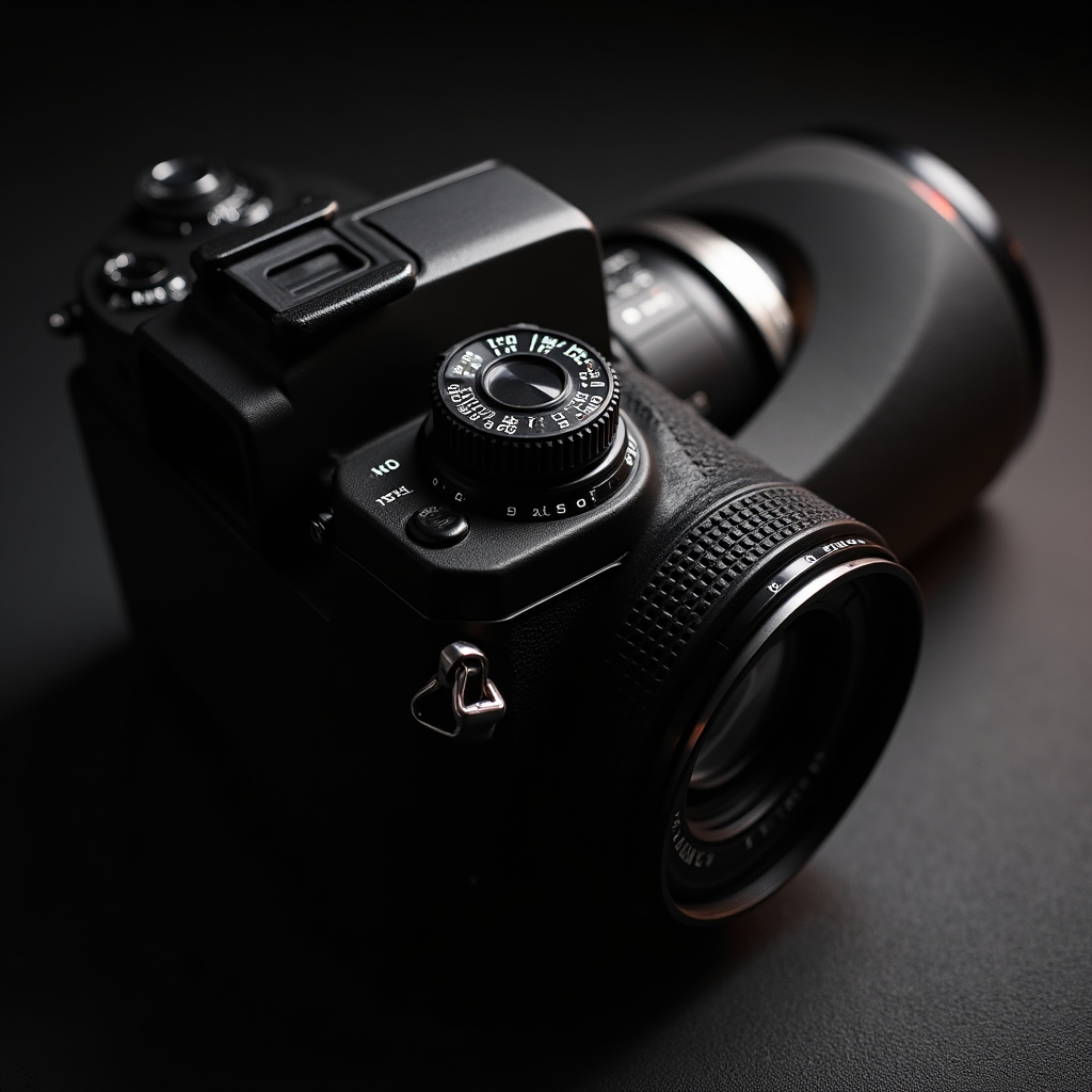 Dettaglio ravvicinato di una macchina fotografica reflex con obiettivo