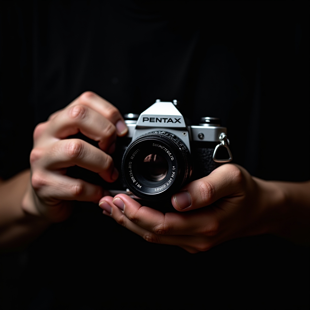 Mani che tengono una macchina fotografica analogica a pellicola 35mm