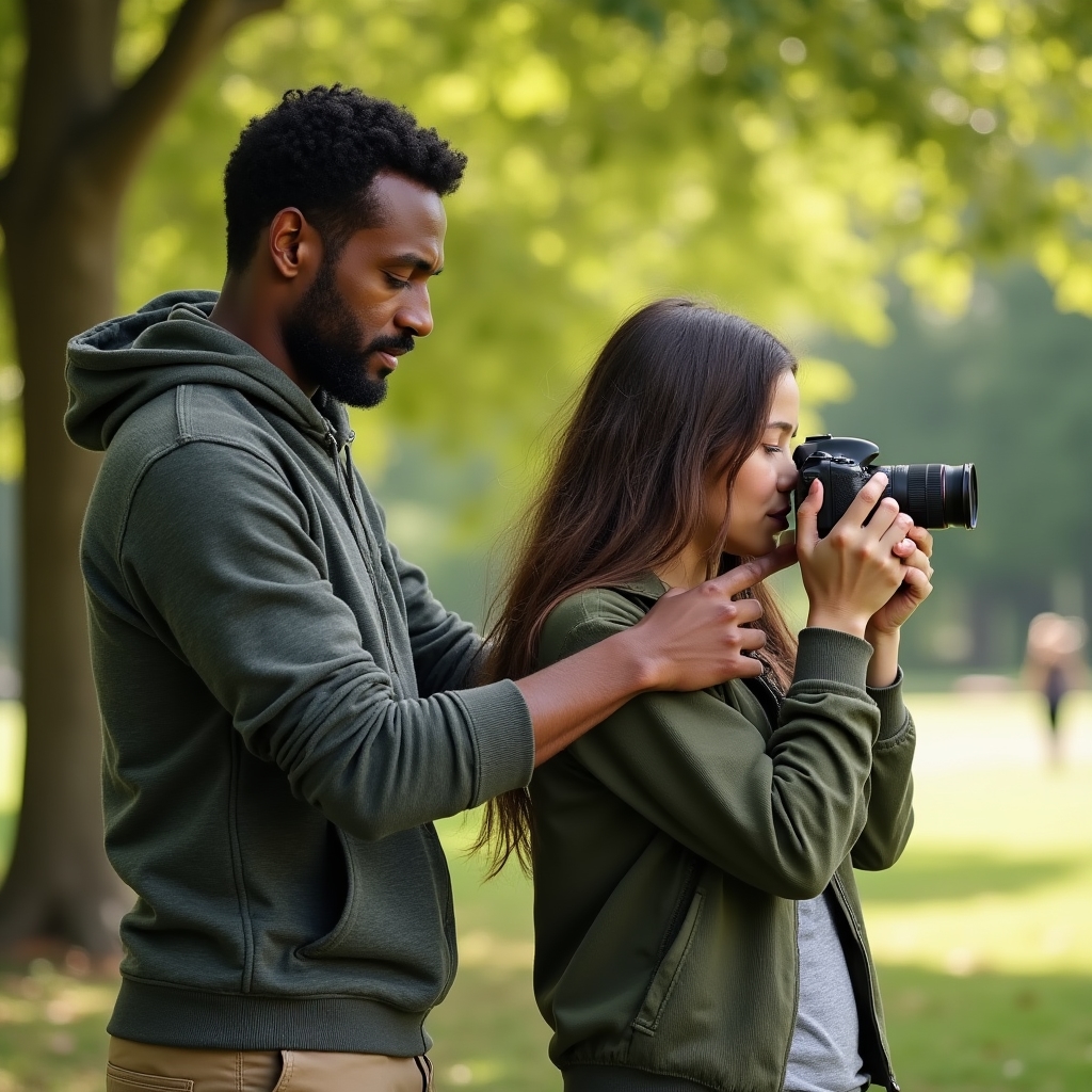 Istruttore che guida uno studente nella composizione fotografica all'aperto